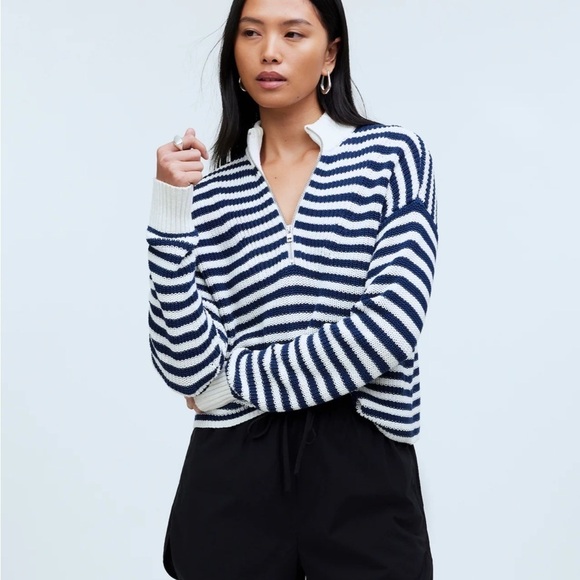 NWOT Madewell Ribbed Half-Zip Sweater in Stripe - Picture 1 of 8